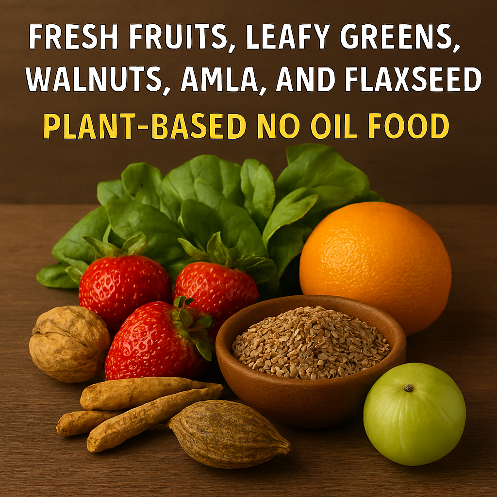Realistic image of strawberries, orange, spinach leaves, walnuts, amla fruit, turmeric roots, arjuna fruit, and a bowl of flaxseeds arranged on a rustic wooden surface.