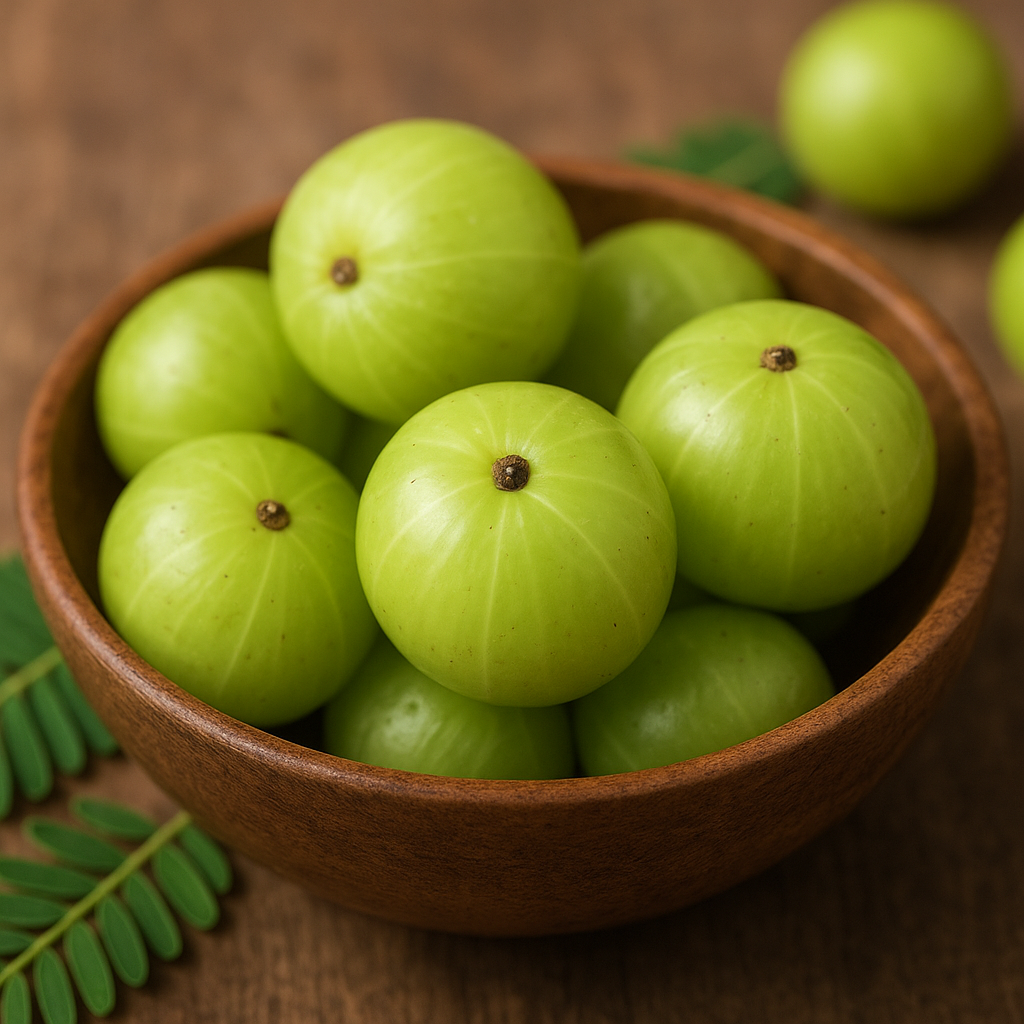 A close-up of fresh green amla fruits (Indian gooseberries) placed in a wooden bowl with leaves in the background.