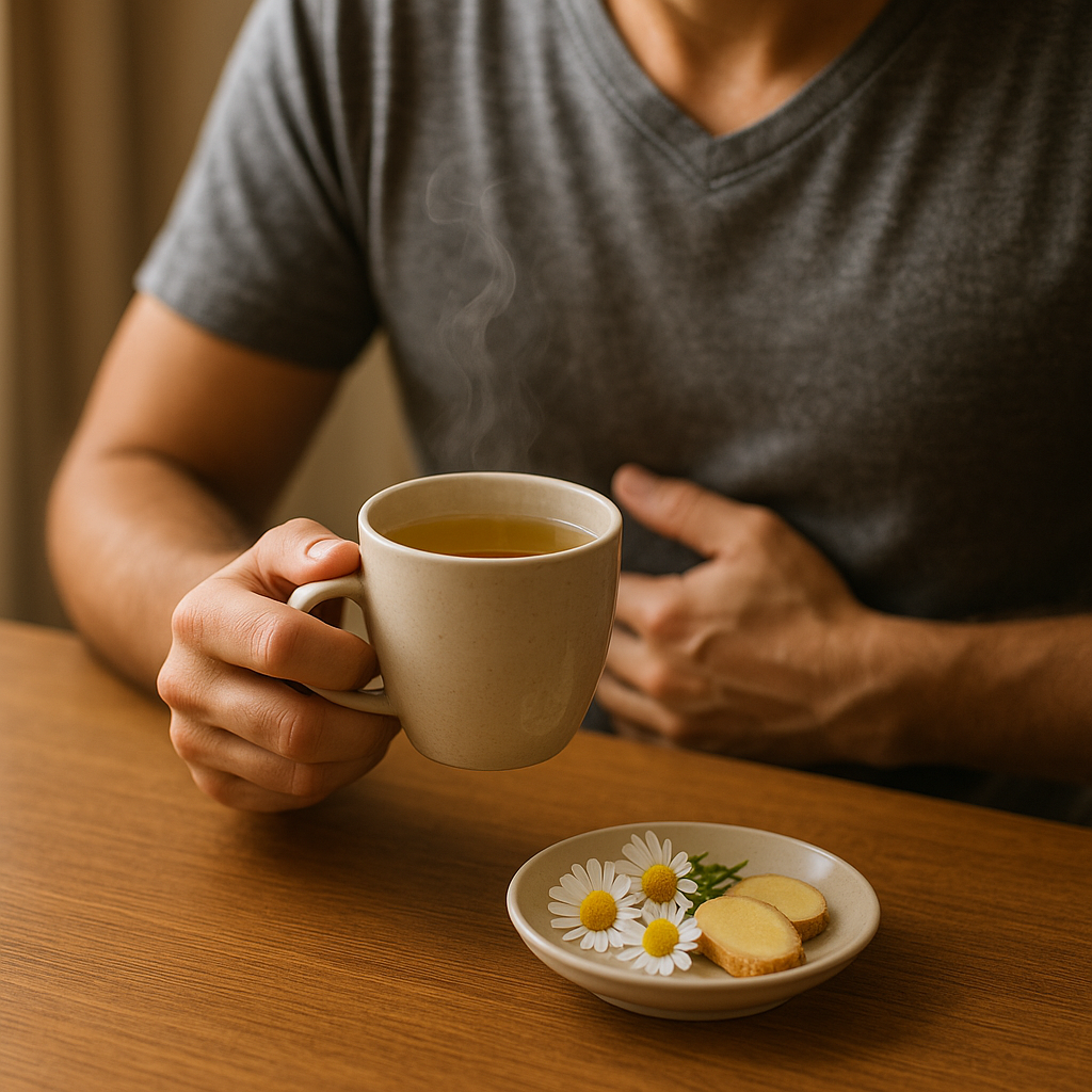 Person holding a steaming cup of herbal tea with chamomile flowers and ginger slices on the table, symbolizing safe options for gastritis.