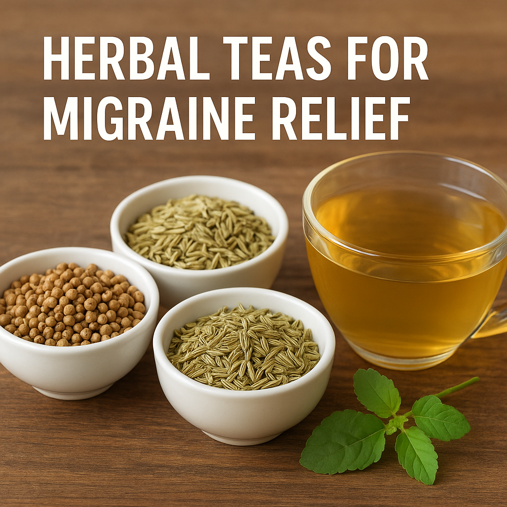 A cup of herbal tea with coriander seeds, fennel seeds, and fresh tulsi leaves on a wooden table, showing natural remedies for migraine relief.
