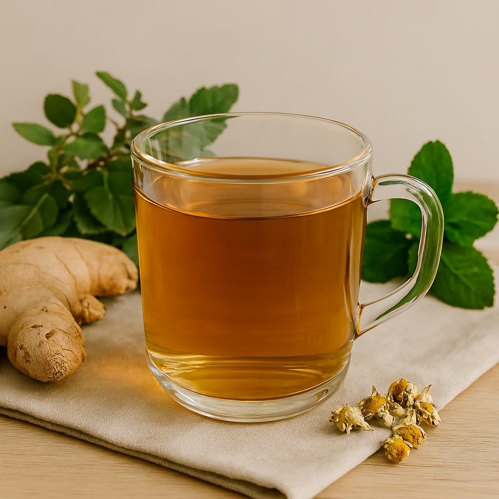 A clear glass mug filled with golden herbal tea sits on a beige linen cloth, surrounded by fresh ginger root, tulsi leaves, peppermint sprigs, and dried chamomile flowers.