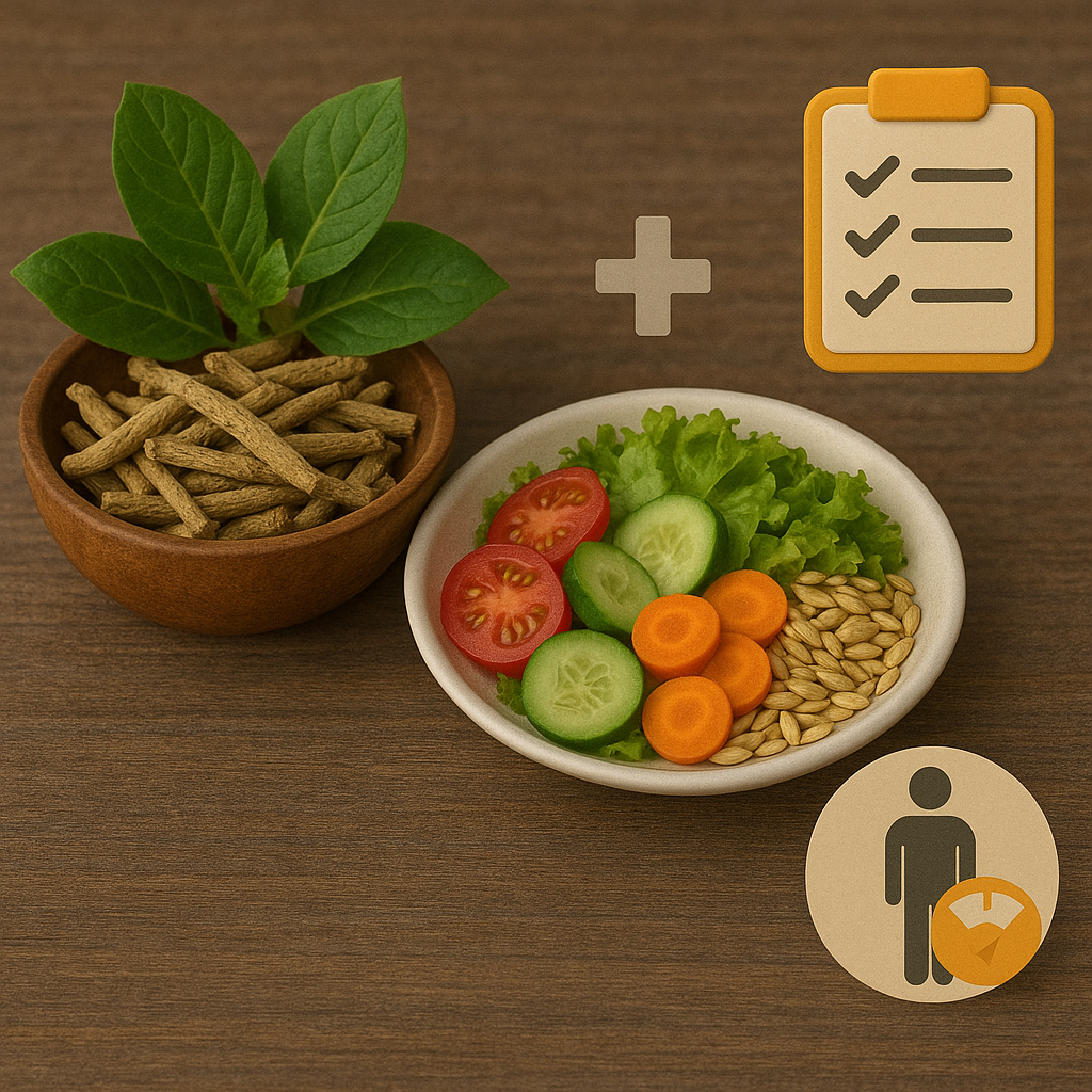 Bowl of herbs, fresh salad with grains and vegetables, and lifestyle checklist icons representing balanced weight management.