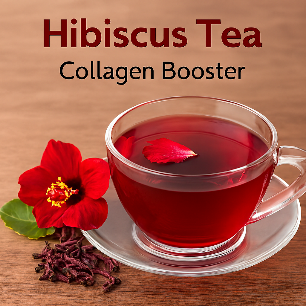 A glass cup of deep red hibiscus tea with a floating petal sits on a wooden surface beside a fresh hibiscus flower, green leaf, and dried petals. Text above reads “Hibiscus Tea – Collagen Booster.”