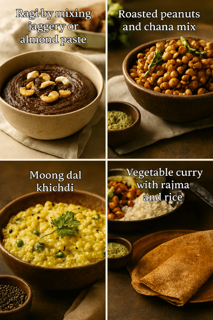 Collage of four Indian dishes: top-left shows ragi dessert with cashews and jaggery chunks; top-right displays roasted peanuts and chana with curry leaves; bottom-left features creamy moong dal khichdi garnished with coriander; bottom-right presents millet dosa with coconut chutney, alongside vegetable curry with rajma and rice.