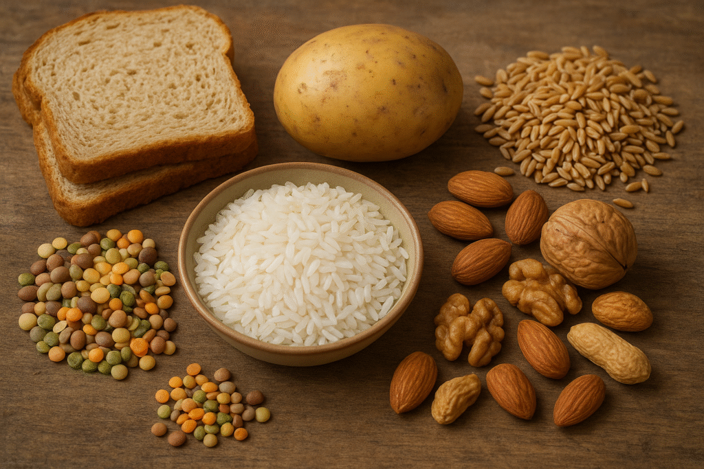 A selection of staple foods including bread, rice, pulses, potato, nuts, and wheat grains arranged on a wooden surface.
