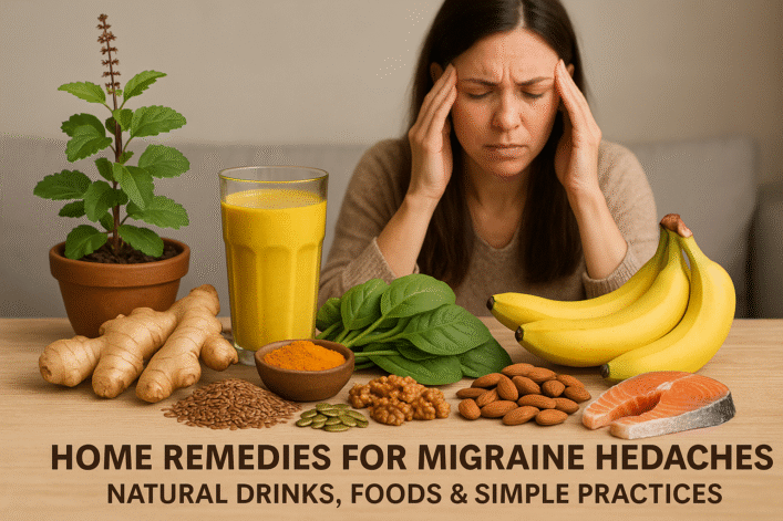 Woman with migraine sitting behind a table filled with Tulsi, ginger, turmeric, spinach, pumpkin seeds, almonds, walnuts, flaxseeds, bananas, and salmon as natural remedies.