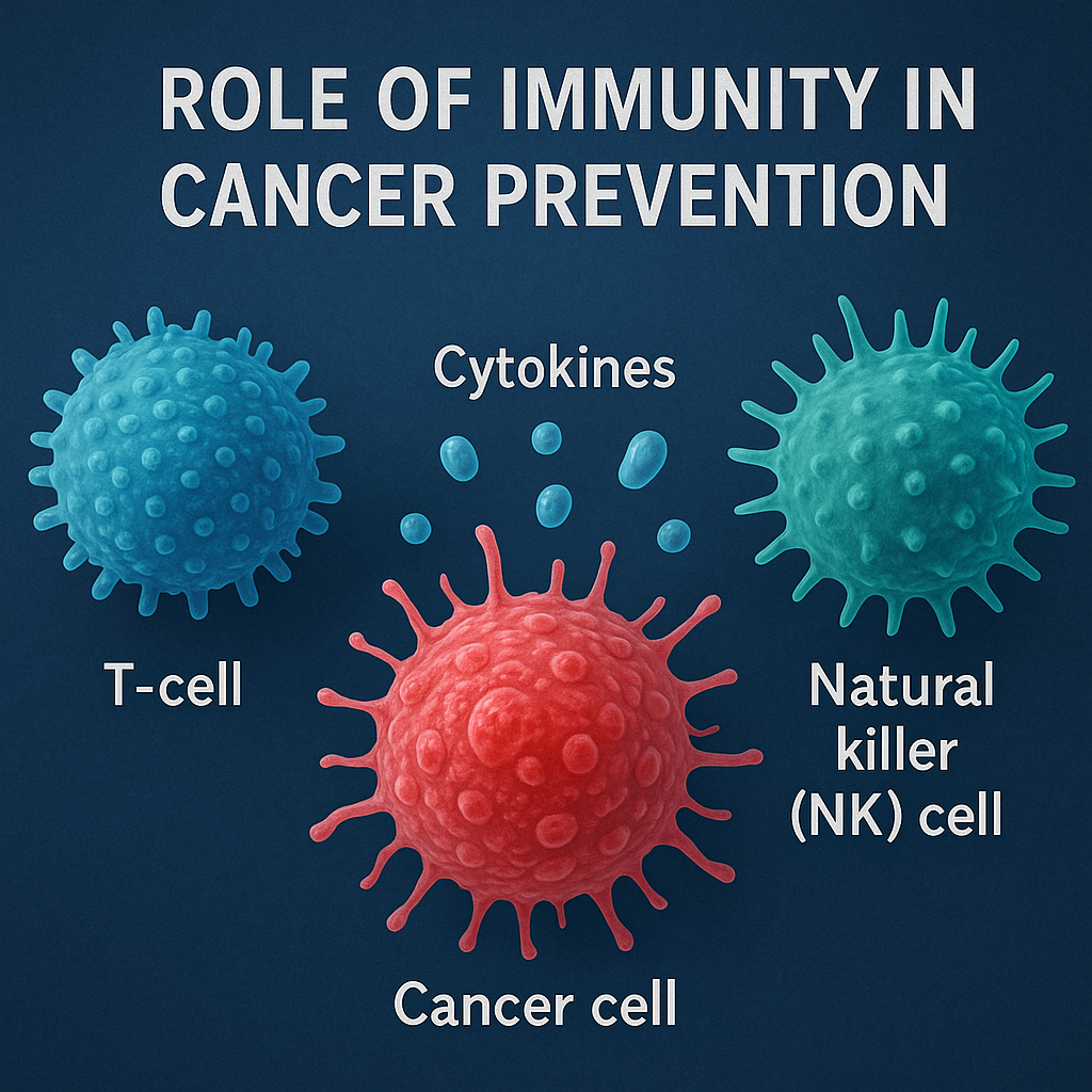 Scientific illustration showing T-cell, natural killer (NK) cell, and cytokines targeting a cancer cell to highlight immunity’s role in cancer prevention.