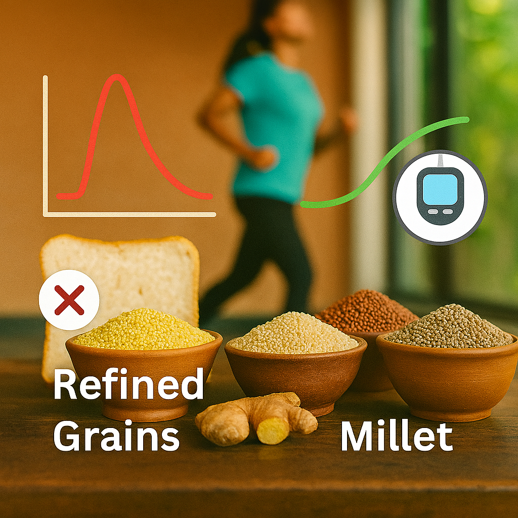 Realistic comparison of refined grains (white rice, white bread) and Indian low-GI millets (foxtail, barnyard, finger, pearl) on a wooden table, with blood sugar graphs and a fit person jogging in the background to symbolize metabolic balance.