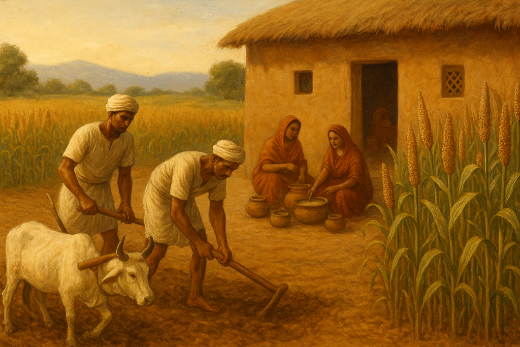 Realistic depiction of ancient Indian farmers plowing millet fields with bullocks while women prepare millet porridge outside a mud house.
