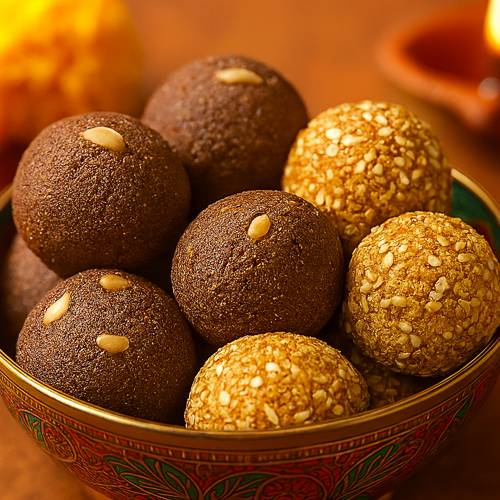 Close-up of a decorative brass bowl filled with traditional Indian millet laddoos. On the left, smooth ragi laddoos with cashew pieces; on the right, textured foxtail millet laddoos with sesame and jaggery. A diya and marigold flower appear softly in the background.