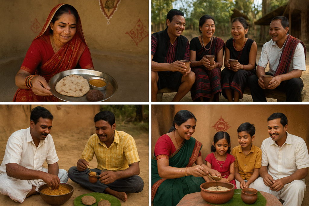 Collage of traditional Indian families enjoying millet dishes: bajra roti with ghee in Rajasthan, fermented millet beer in Nagaland, ragi mudde in Karnataka, foxtail millet pongal in Tamil Nadu, korra annam in Andhra Pradesh, and mandia pej in Odisha.