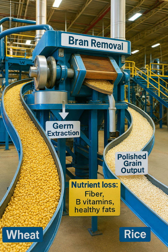 Photograph of an industrial grain processing setup with labeled conveyor belts transporting wheat and rice through bran removal and germ extraction machines. Final output shows polished grains with a note on nutrient loss.