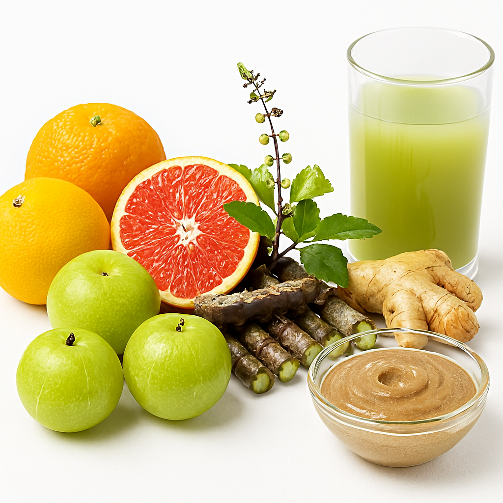 Realistic image showing fresh amla, citrus fruits, and guava on the left; giloy stems, tulsi leaves, and ginger root in the center; and a bowl of sesame paste with a glass of fresh amla juice on the right, all arranged on a white background.