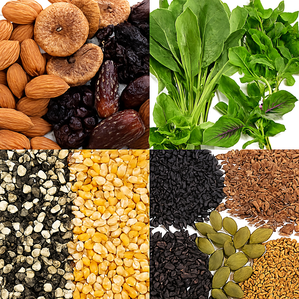 Realistic image divided into four sections featuring dried fruits and nuts (almonds, figs, raisins, dates), leafy greens (spinach, fenugreek, amaranth), legumes (black gram, Bengal gram), and seeds (black sesame, pumpkin, flax), arranged on a white background.