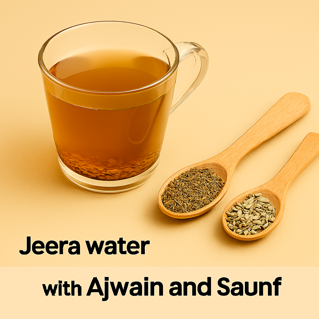 Realistic image showing a clear glass of golden Jeera water with cumin seeds settled at the bottom, alongside wooden spoons filled with Ajwain (carom seeds) and Saunf (fennel seeds), arranged on a warm beige background.