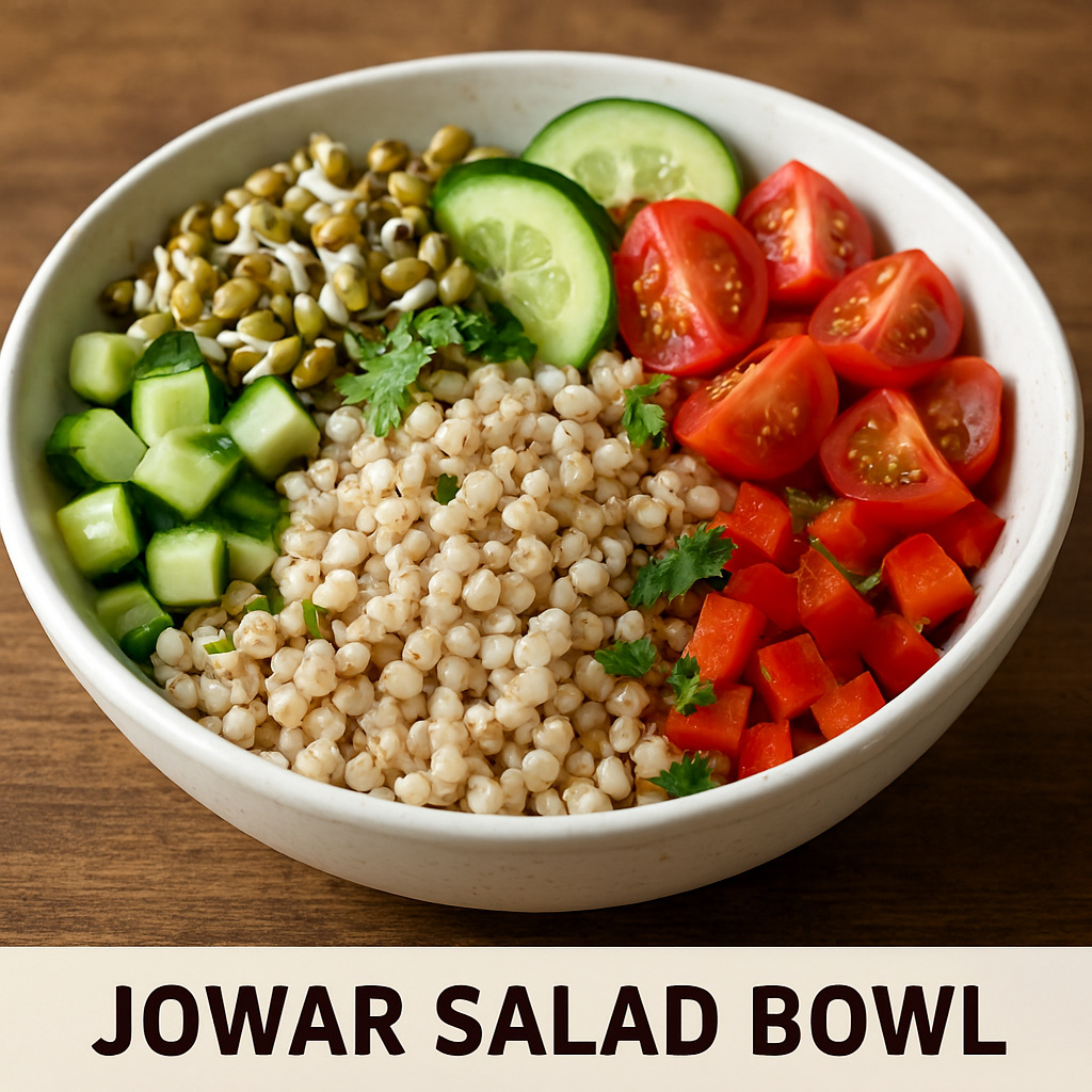A white ceramic bowl filled with cooked jowar grains, mung sprouts, cherry tomatoes, cucumber slices, red bell pepper, and fresh parsley, arranged in colorful sections on a rustic wooden surface.