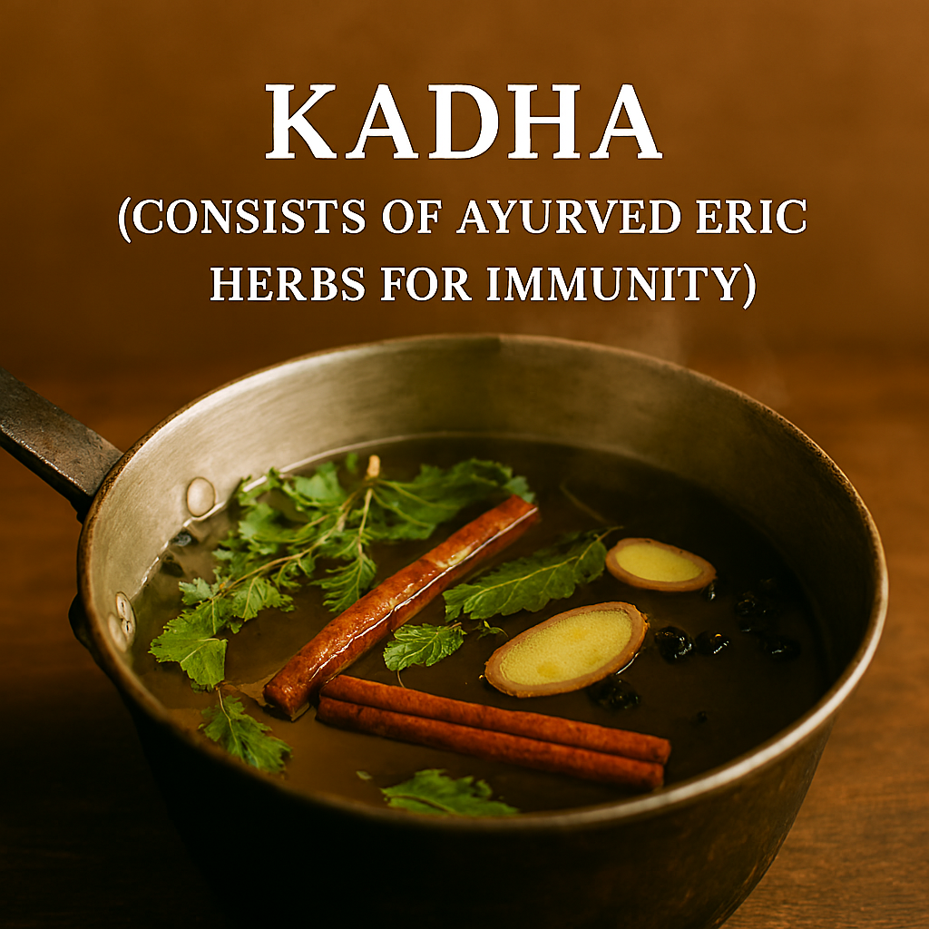 Photograph of a rustic metal saucepan filled with boiling Kadha, showing tulsi leaves, cinnamon sticks, ginger slices, and black peppercorns in golden-brown water.