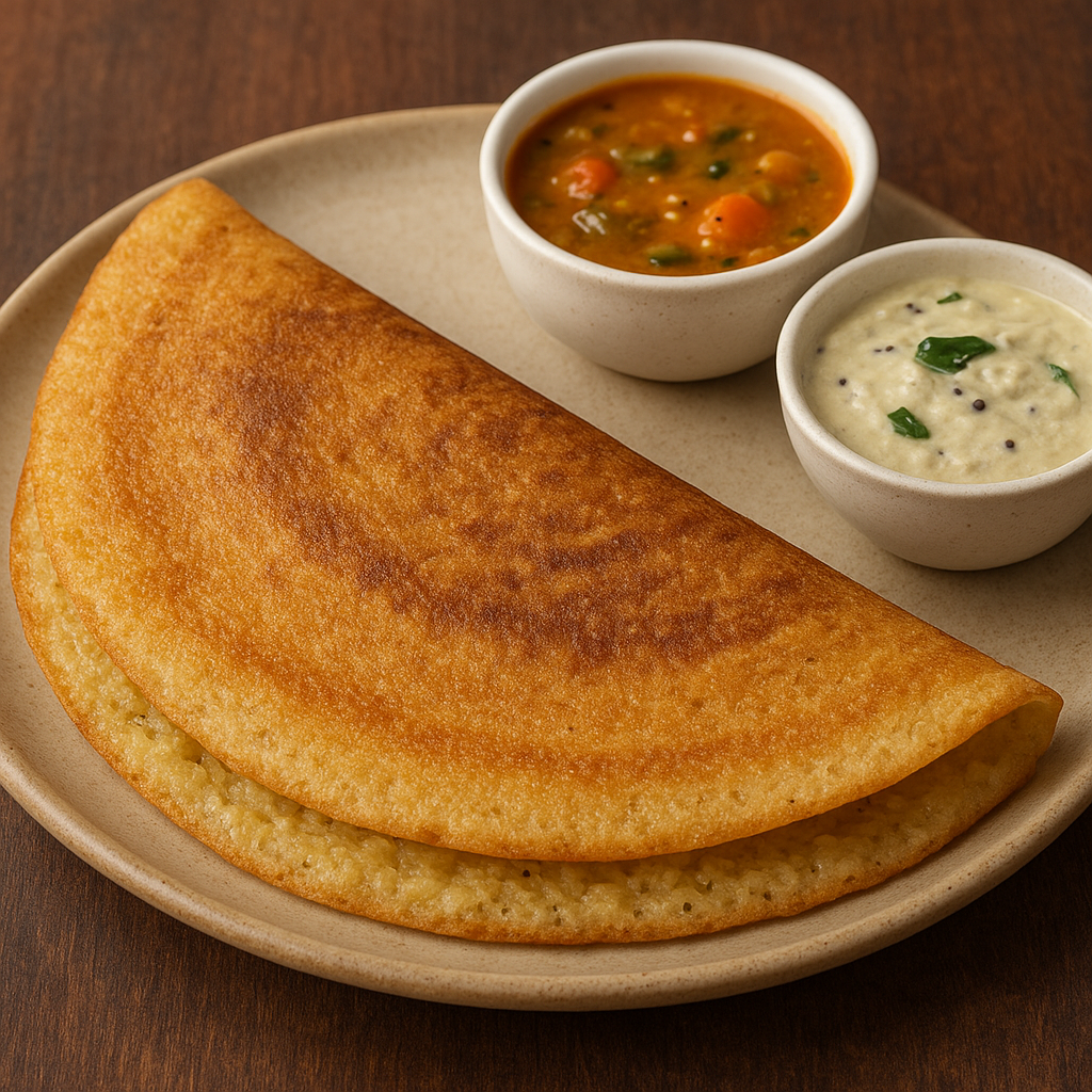 A plate of kodo millet dosa with coconut chutney and sambar in small bowls.