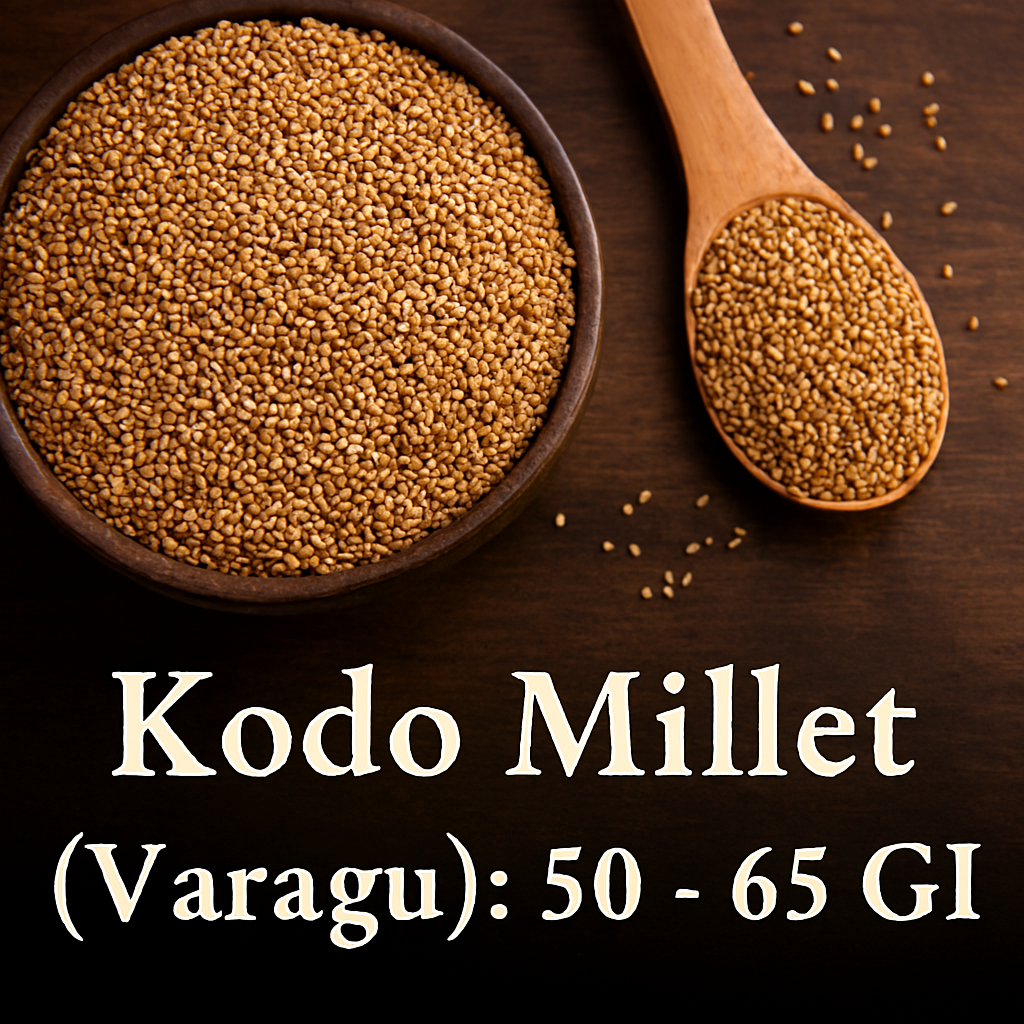 Close-up of Kodo Millet grains in a wooden bowl and spoon on a dark wooden surface, with white text reading “Kodo Millet (Varagu): 50 – 65 GI”—highlighting its glycemic index and earthy texture.