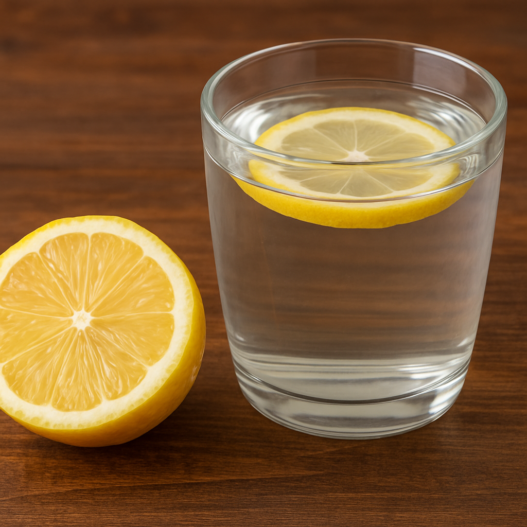 A glass of warm lemon water with a lemon slice inside, placed beside half a lemon on a wooden surface, representing an Ayurvedic detox remedy.
