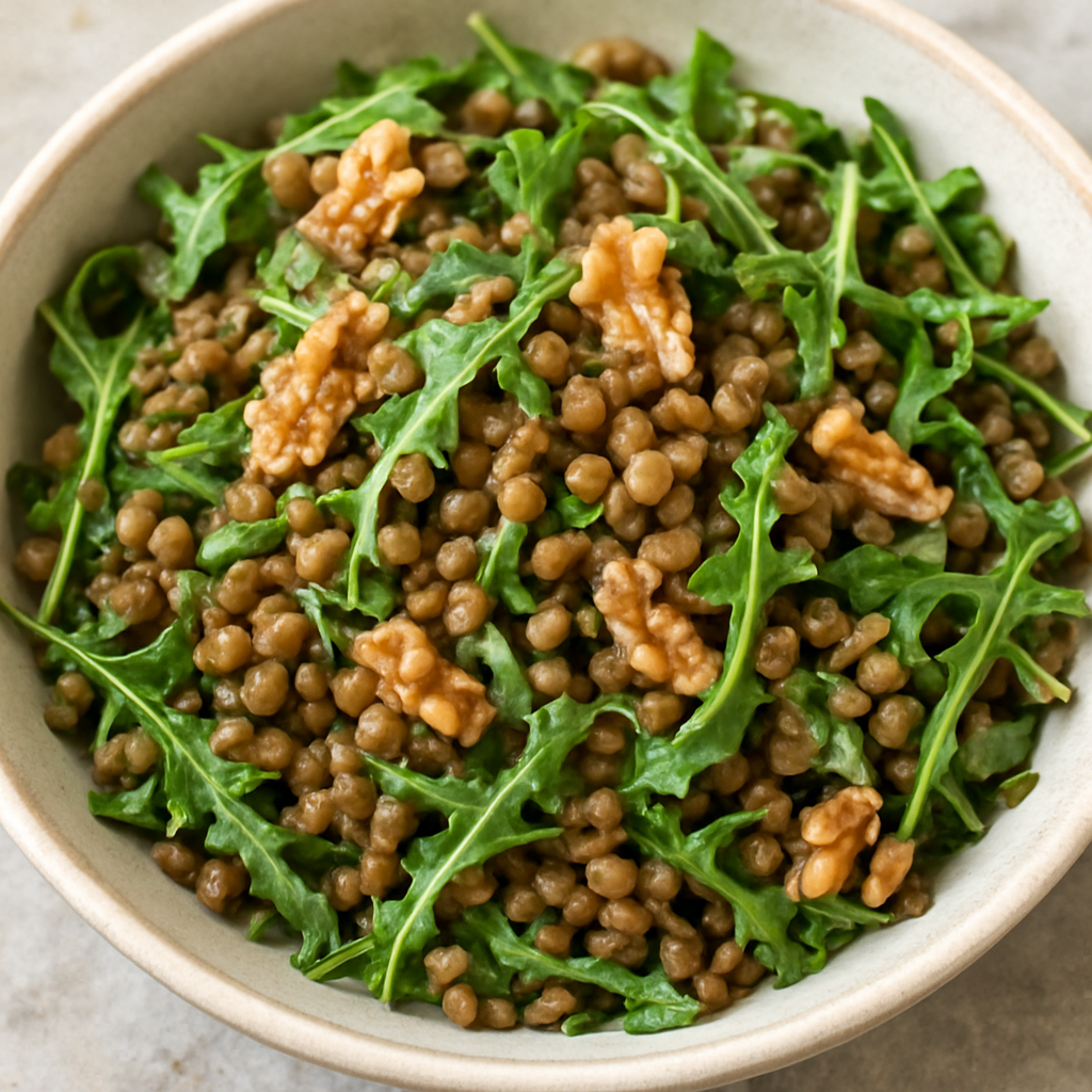 A bowl of sautéed lentils mixed with fresh arugula and walnuts, drizzled with light lemon-olive dressing.
