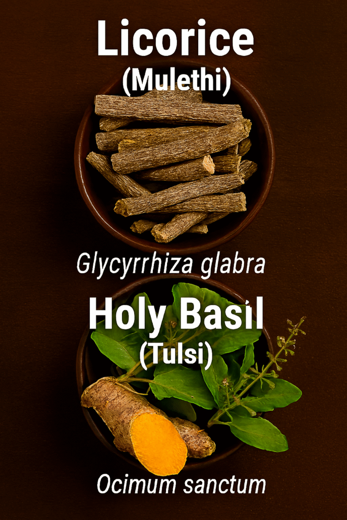Realistic image showing two wooden bowls—one filled with fibrous, dried Licorice root sticks and the other with fresh green Holy Basil leaves and flowering stems. Each herb is labeled with its common and botanical name.