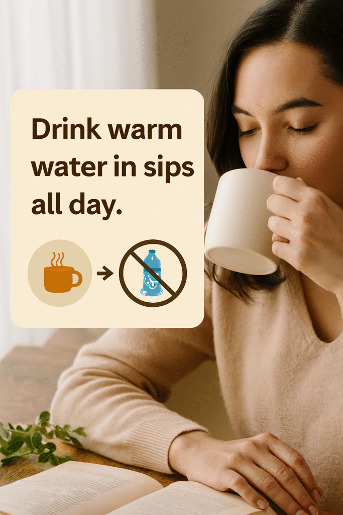 Woman sipping warm water from a ceramic mug while reading, with infographic overlay promoting warm hydration and avoiding fizzy drinks.