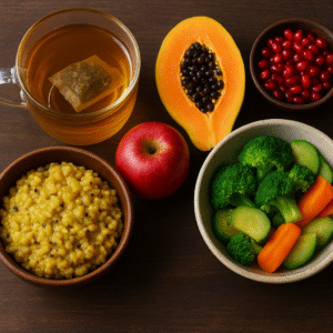 "Top view of a healthy Ayurvedic meal with herbal tea, a bowl of khichdi, papaya, apple, pomegranate, and steamed vegetables including broccoli, carrot, and zucchini."