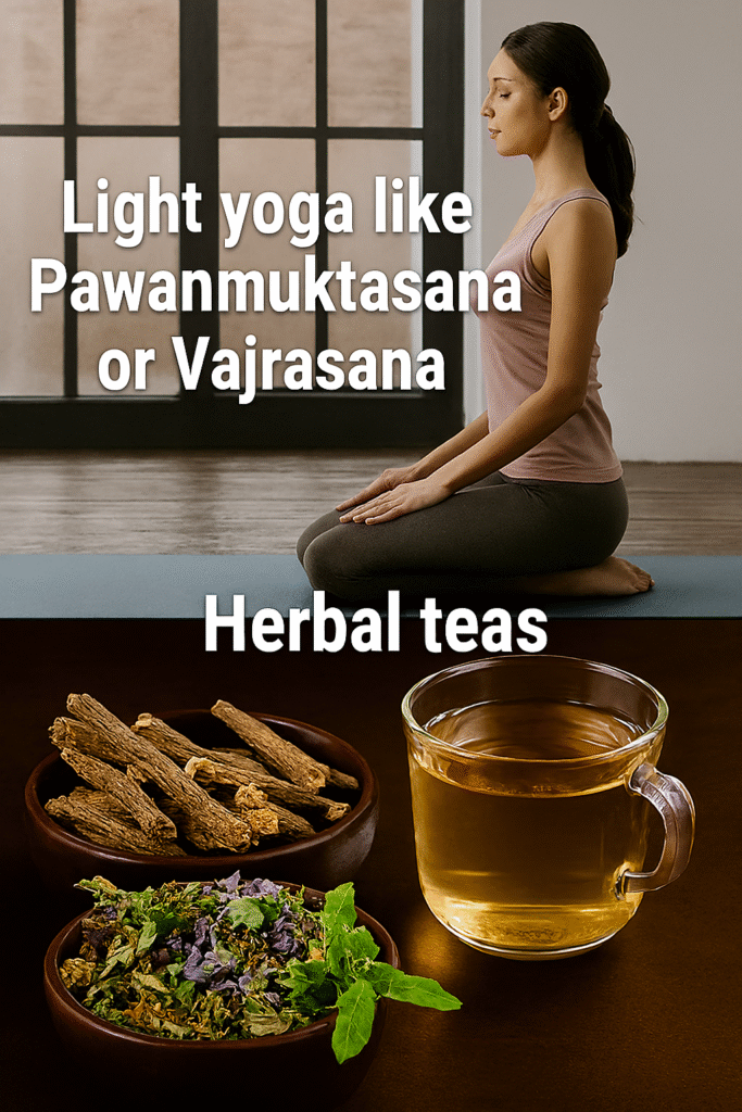 Split image showing a woman practicing Vajrasana on a yoga mat in a softly lit room, and a warm herbal tea setup with dried herbs and a clear glass cup of golden tea.