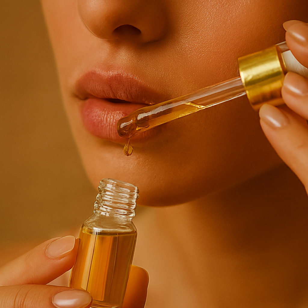 Close-up of a woman pressing a damp green tea bag against her lips with her fingers; fresh green tea leaves and a ceramic bowl rest nearby on a white surface.