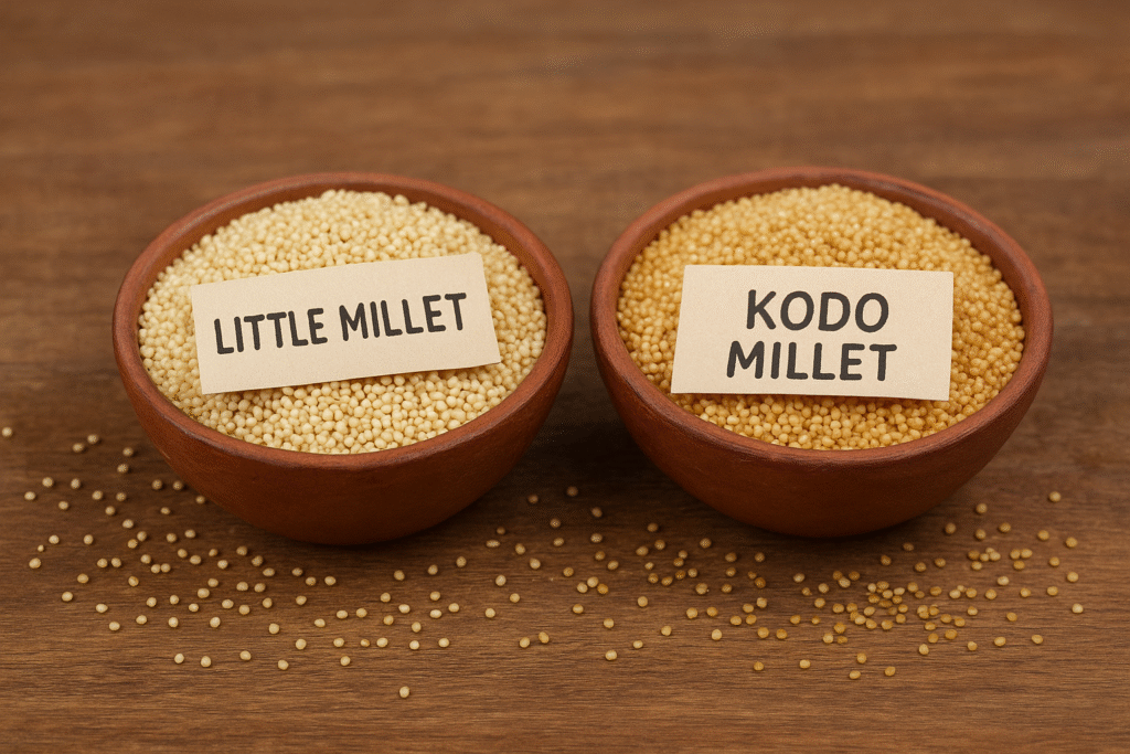 “Two bowls filled with Little Millet and Kodo Millet grains on a rustic wooden surface, showcasing their role as diabetic-friendly Ayurvedic foods.”
