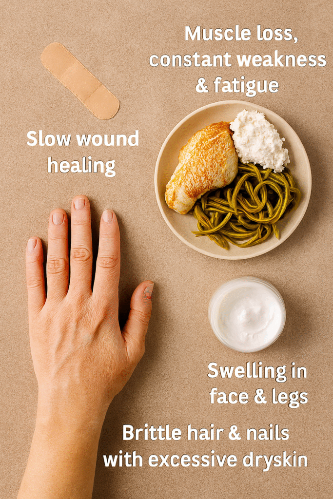 Flat lay on a beige background featuring a bandage, a plate with sparse protein-rich food, a dry-skinned hand with a broken nail, and a jar of cream—symbolizing slow wound healing, muscle loss, brittle nails, and swelling.
