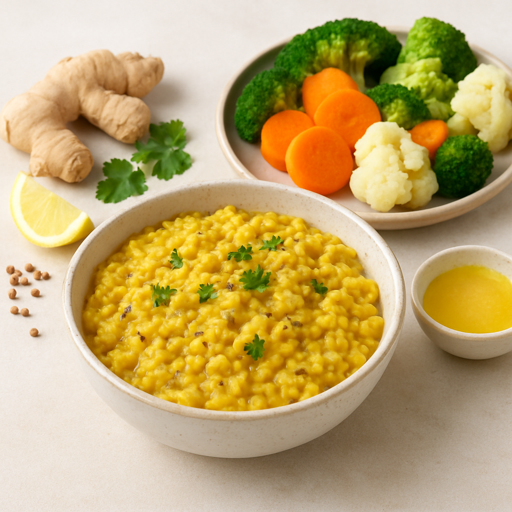 Bowl of yellow moong dal khichdi garnished with coriander, served with ghee, steamed broccoli, carrots, and cauliflower, alongside ginger and lemon