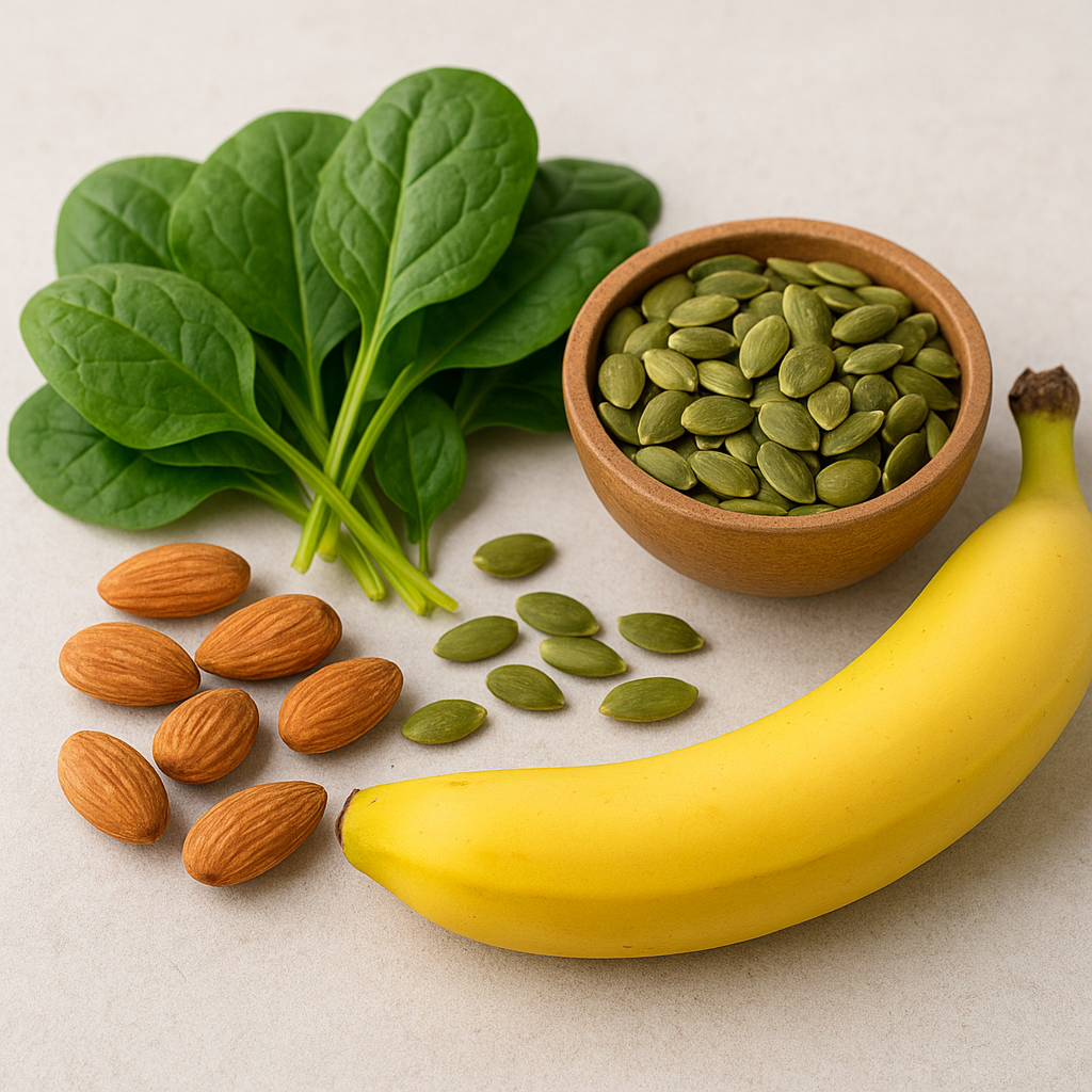 Spinach leaves, a bowl of pumpkin seeds, almonds, and a ripe banana arranged on a light surface.
