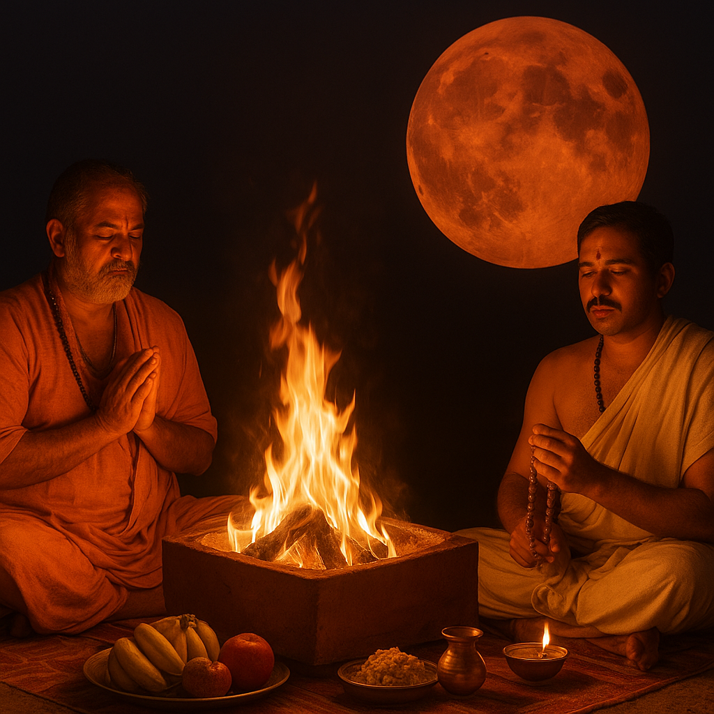 "Two Hindu priests performing a fire ritual with offerings under the reddish lunar eclipse, symbolizing the chanting of Maha Mrityunjaya, Gayatri, and Chandra Grahan Mantras."
