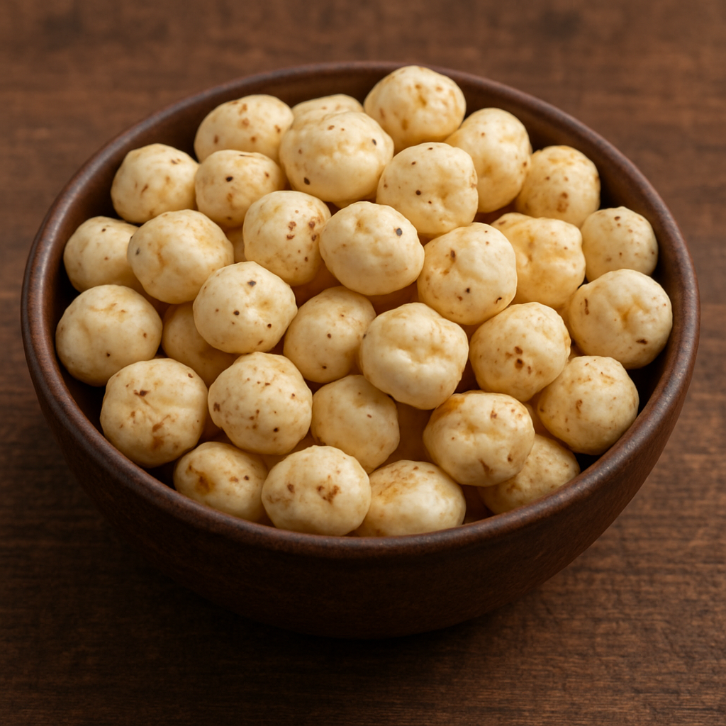 A wooden bowl filled with roasted makhana (fox nuts) placed on a wooden surface