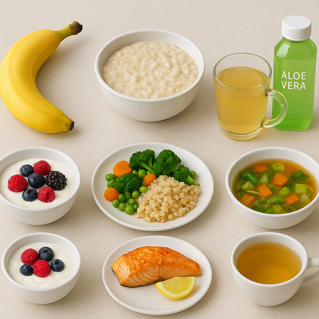 A banana, porridge, ginger tea, aloe vera juice, yogurt with berries, steamed vegetables with quinoa, baked salmon, and chamomile tea arranged neatly on a light background.