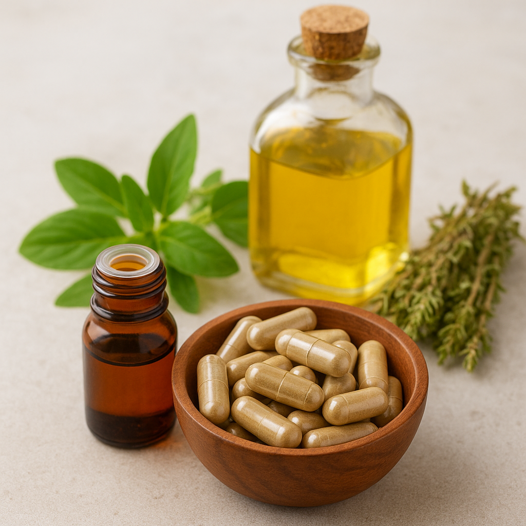 Ayurvedic medicinal oils and herbal supplements in capsules displayed with fresh herbs on a wooden surface for migraine relief.
