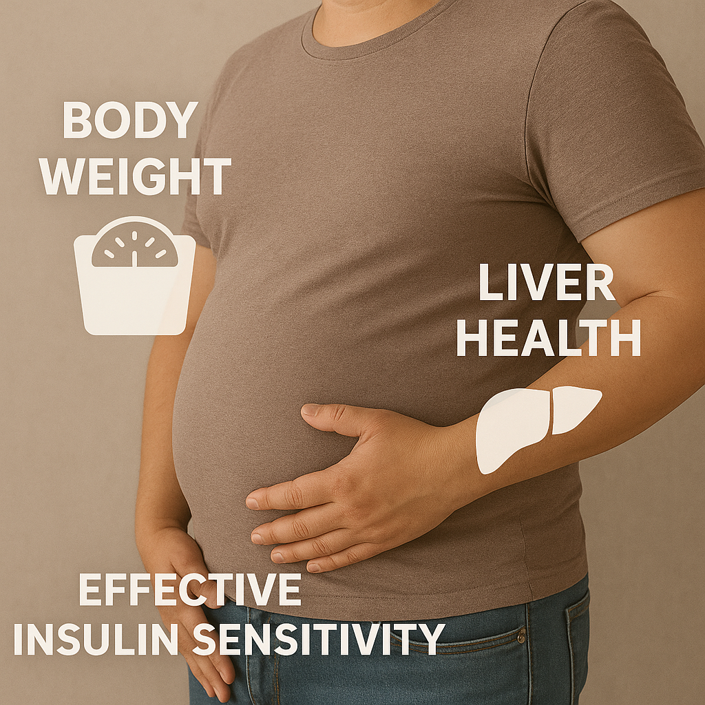 “Realistic medical concept image showing a person with focus on body weight, liver health, and insulin sensitivity as key natural approaches to manage metabolic syndrome.”