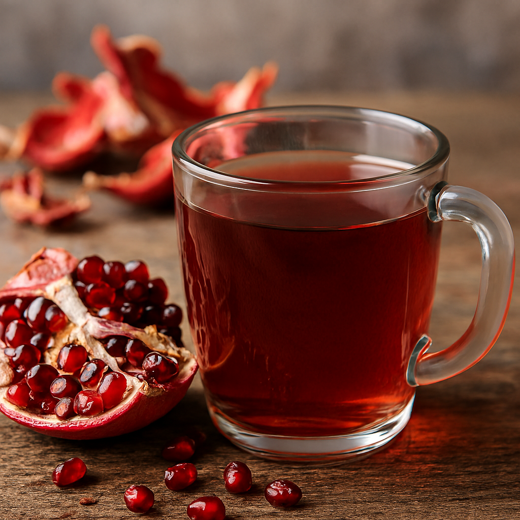 Clear glass mug of deep red pomegranate peel tea on a rustic wooden surface, surrounded by fresh pomegranate seeds and dried peels.