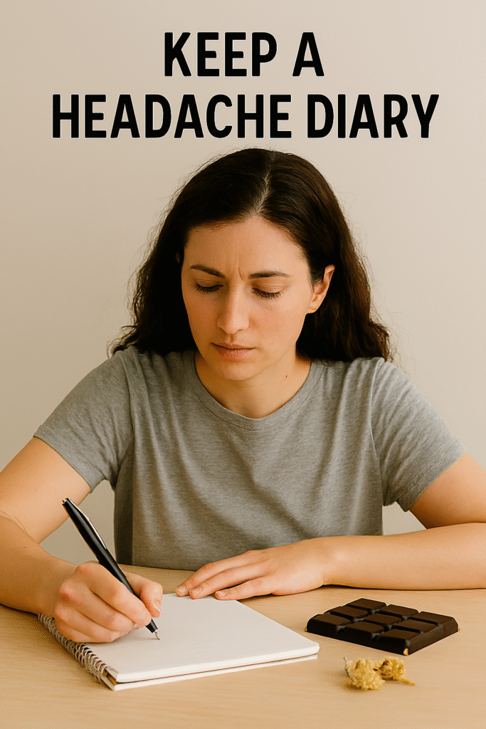 A woman sits at a wooden table writing in a spiral-bound notebook, focused and calm, illustrating the practice of keeping a headache diary.