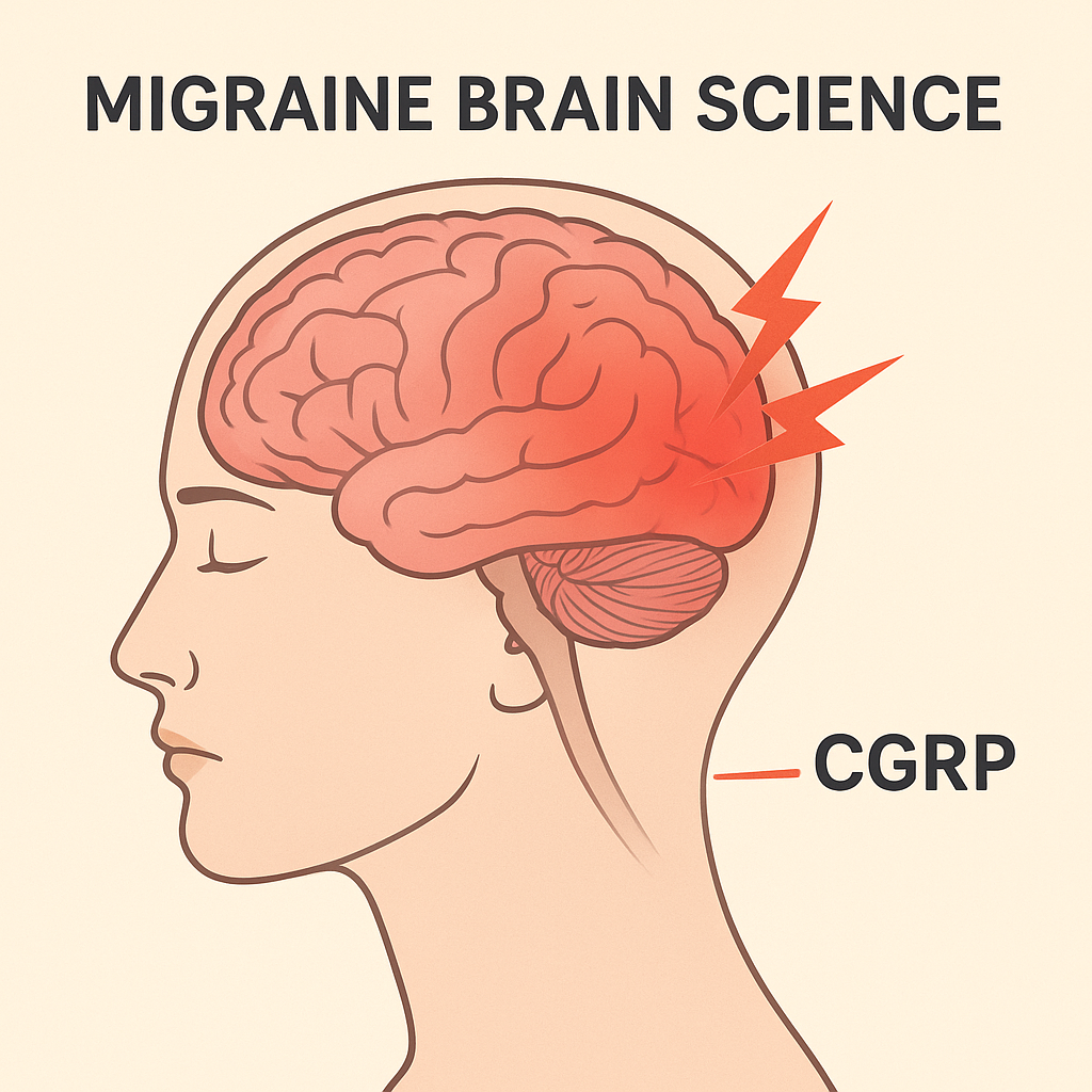 Medical illustration of brain highlighting CGRP release during migraine attack with inflamed blood vessels and pain signals.