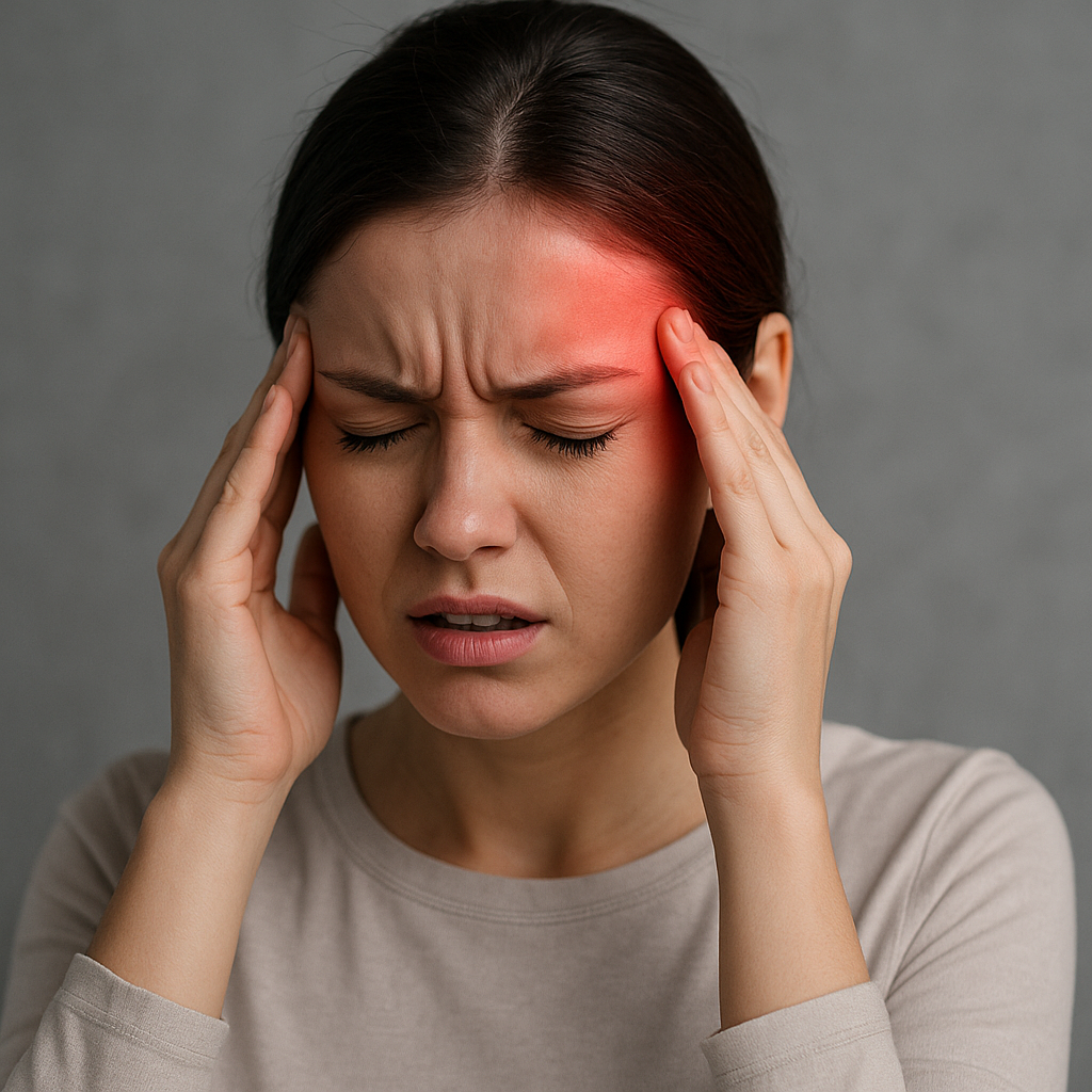 A woman holding her head with eyes closed, showing discomfort from a severe migraine headache.