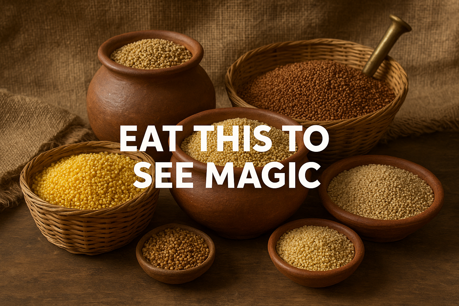 “Rustic clay pots and baskets filled with Indian millets with the text ‘Eat this to see magic’ at the center.”