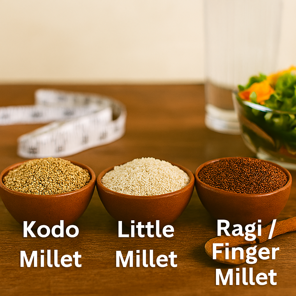 Close-up of three wooden bowls filled with Kodo millet (light brown), Little millet (off-white), and Ragi/Finger millet (dark reddish-brown), arranged on a rustic wooden table with a measuring tape, salad bowl, and glass of water in the background to suggest healthy eating and weight loss.