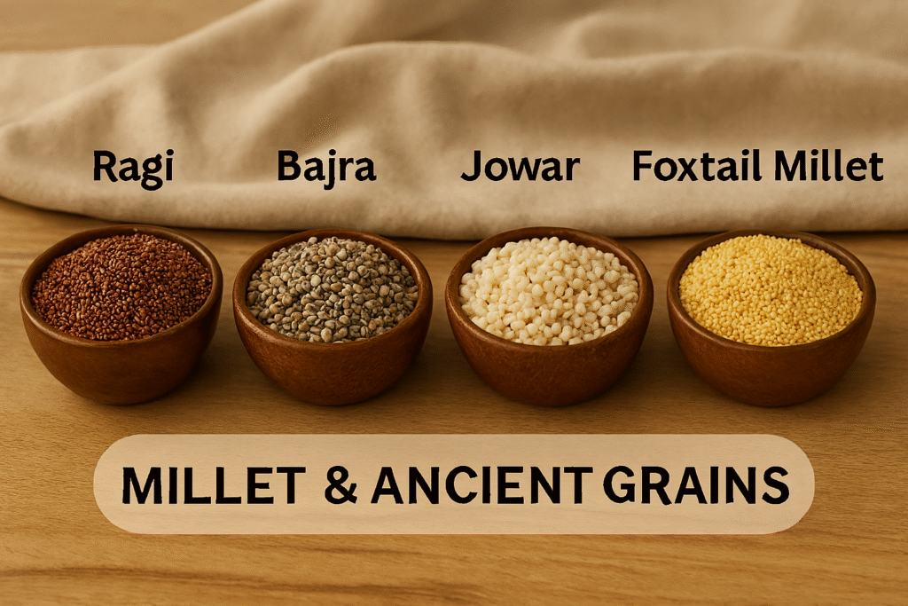 Four wooden bowls filled with Ragi (finger millet), Bajra (pearl millet), Jowar (sorghum), and Foxtail Millet arranged on a wooden surface with a beige linen cloth in the background, labeled as millet and ancient grains.