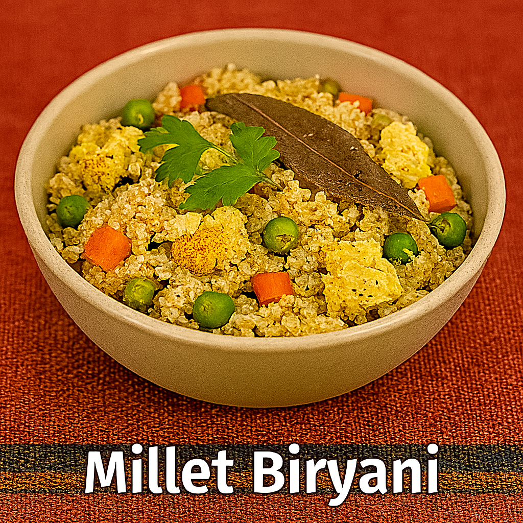 A bowl of Millet Biryani made with golden millet grains, green peas, carrots, cauliflower, and a bay leaf, garnished with fresh cilantro. The bowl sits on a red woven fabric background. White text reads “Millet Biryani.”