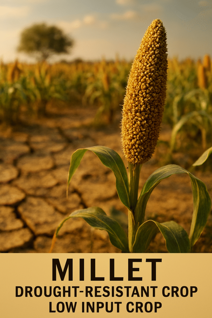 Close-up of a millet plant with golden seed head in a dry, cracked field under warm sunlight, symbolizing its drought resistance and low input farming suitability.