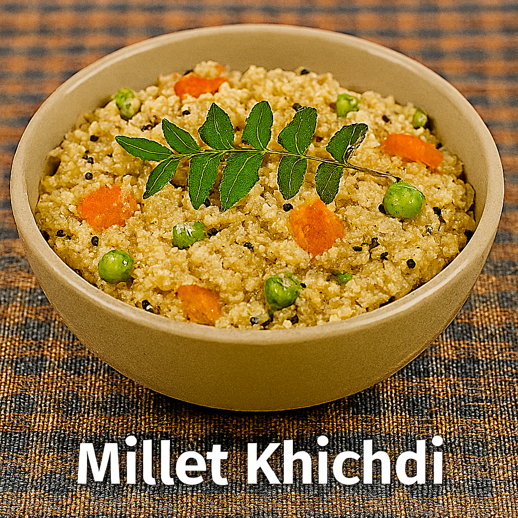A bowl of Millet Khichdi made with pale yellow millet grains, green peas, diced carrots, and black lentils, garnished with fresh curry leaves. The bowl sits on a multicolored woven fabric background. White text reads “Millet Khichdi.”