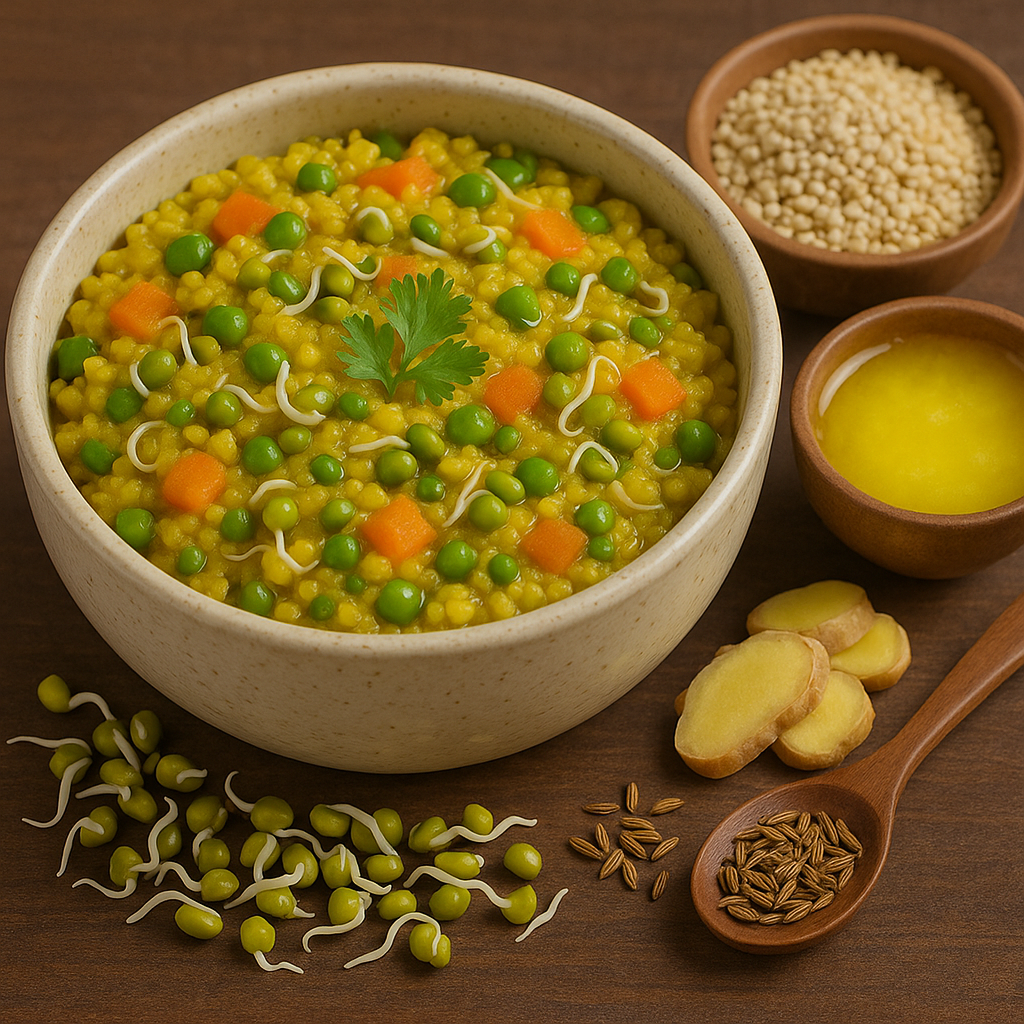 A rustic bowl of millet khichdi with sprouted moong, peas, and carrots, garnished with cilantro, placed beside bowls of millet, ghee, ginger slices, and cumin seeds on a wooden surface.